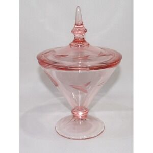 Vintage Lancaster Pink Depression Glass Etched Candy Dish Lidded Footed Compote